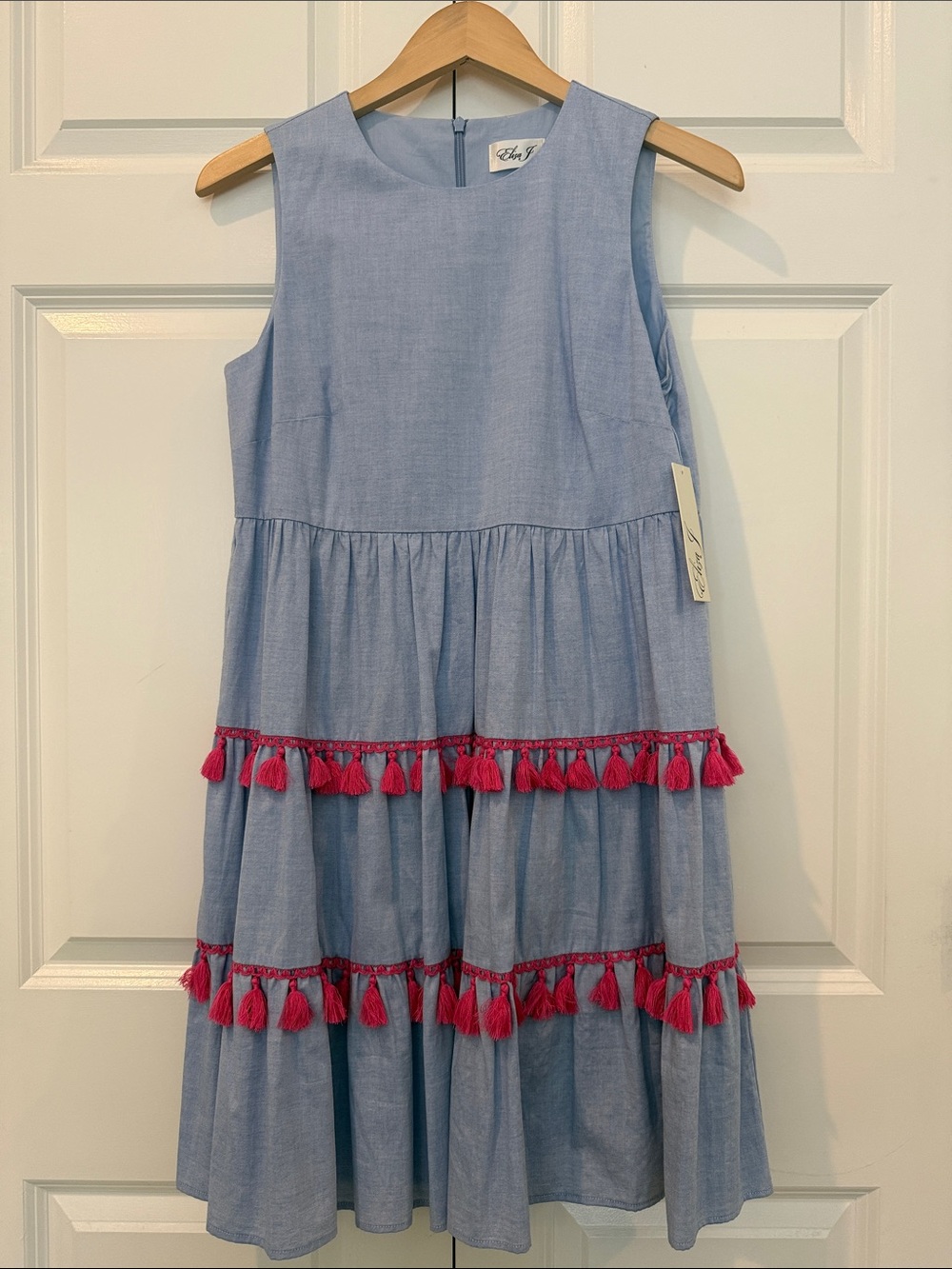 NWT Eliza J Chambray Tiered Mini Dress with Pink Tassels